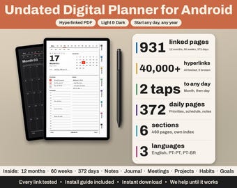 Può includere: Un'agenda digitale senza data per Android con PDF ipertestuale in modalità chiara e scura. Il display mostra un programma giornaliero, uno stilo nero e un riepilogo di 931 pagine collegate, 40.000+ collegamenti ipertestuali, 372 pagine giornaliere, 6 sezioni e 3 lingue.