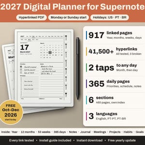 Supernote-planerare 2027 | A5X, Manta, Nomad | Hyperlänkad daglig veckovis PDF | Start på söndag eller måndag