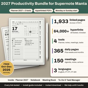 Puede incluir: Un paquete de productividad 2027 para Supernote Manta que incluye un planificador digital con PDF hipervinculados, un lápiz óptico y una lista de características: 1,933 páginas vinculadas, 64,000+ hipervínculos, 4 herramientas, 365 páginas diarias, 150 reuniones y 3 idiomas.