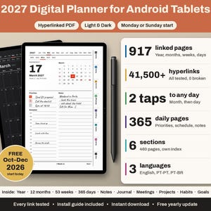 Può includere: Un'agenda digitale 2027 per tablet Android con PDF ipertestuale in modalità chiara e scura. Il display mostra una pagina del calendario di marzo 2027, uno stilo nero e un elenco di funzionalità tra cui 917 pagine collegate, 41.500+ collegamenti ipertestuali e 365 pagine giornaliere.