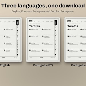 Puede incluir: Tres plantillas de planificador digital mostradas una al lado de la otra, con un dise&ntilde;o limpio que incluye secciones para tareas, d&iacute;as, semanas y proyectos. El texto dice Three languages, one download, English, European Portuguese.