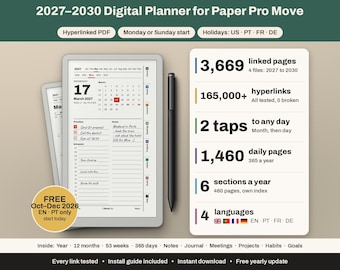 Può includere: Un'agenda digitale 2027-2030 per Paper Pro Move con PDF ipertestuale e opzioni di inizio lunedì o domenica. Include 3.669 pagine collegate, 165.000+ collegamenti ipertestuali, 1.460 pagine giornaliere, 6 sezioni all'anno e 4 lingue.