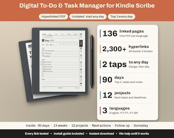 Può includere: Un gestore di attività digitale per Kindle Scribe con un PDF ipertestuale di 136 pagine, oltre 2.300 collegamenti e 12 progetti. L'interfaccia mostra un elenco di attività giornaliere con caselle di controllo, uno stilo e un riepilogo di 90 giorni.