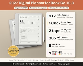 Può includere: Un'agenda digitale 2027 per Boox Go 10.3 con PDF ipertestuale e opzione di inizio lunedì o domenica. Include 917 pagine collegate, oltre 41.500 collegamenti ipertestuali, 365 pagine giornaliere, 6 sezioni e supporta 4 lingue: inglese, portoghese, francese e tedesco.