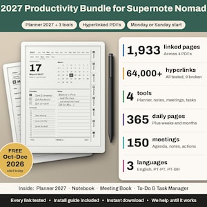 May include: A 2027 productivity bundle for Supernote Nomad featuring a digital planner with hyperlinked PDFs, a black stylus, and a list of features including 1,933 linked pages, 64,000+ hyperlinks, 4 tools, 365 daily pages, 150 meetings, and 3 languages.