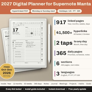 Puede incluir: Agenda digital 2027 para Supernote Manta con PDF hipervinculado, inicio en lunes o domingo. Incluye 917 páginas enlazadas, más de 41.500 hipervínculos, 365 páginas diarias, 6 secciones y 3 idiomas. Incluye gratis de octubre a diciembre de 2026.