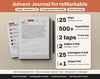 reMarkable Advent Bible Journal 2026 | Paper Pro, Paper Pure, rM2 | 25 Days, Scripture in Full, SOAP Study, Prayer | Hyperlinked