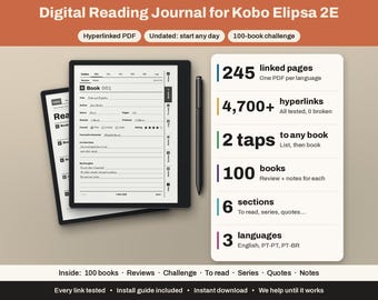Kobo Elipsa 2E Lesetagebuch | Hyperlink-Buch-Tracker, 100 Bücher | Rezensionen, Leseliste