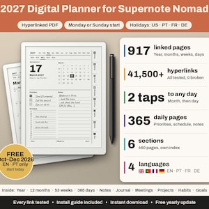 May include: A 2027 digital planner for Supernote Nomad featuring a hyperlinked PDF with Monday or Sunday start options. Includes 917 linked pages, 41,500+ hyperlinks, 365 daily pages, 6 sections, and 4 languages. A black stylus is shown next to the device.