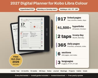 Kobo Libra Farbplaner 2027 | Hyperlinked Tages- und Wochenplan (PDF) | Start: Sonntag oder Montag