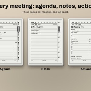 Puede incluir: Una interfaz de planificador digital que muestra tres p&aacute;ginas distintas etiquetadas como Agenda, Notas y Acciones para la gesti&oacute;n de reuniones. Cada p&aacute;gina presenta un encabezado con el texto Every meeting: agenda, notes, actions y Three pages per meeting, one tap apart.