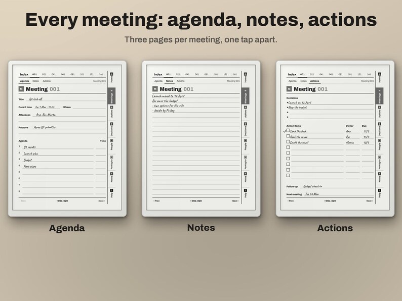 Puede incluir: Una interfaz de planificador digital que muestra tres p&aacute;ginas distintas etiquetadas como Agenda, Notas y Acciones para la gesti&oacute;n de reuniones. Cada p&aacute;gina presenta un encabezado con el texto Every meeting: agenda, notes, actions y Three pages per meeting, one tap apart.