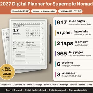 Könnte beinhalten: Ein digitaler Planer 2027 für Supernote Nomad mit verlinktem PDF und Optionen für Montag- oder Sonntagsstart. Das Display zeigt eine Kalenderoberfläche mit täglichen Prioritäten und Zeitplänen, begleitet von einem schwarzen Eingabestift.