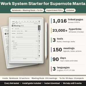 以下が含まれることがあります： Work System Starter for Supernote Mantaというタイトルのデジタルプランナーセット。会議やタスクのテンプレートが表示された2つのタブレット画面、スタイラスペン、1,016のリンクページ、23,000以上のハイパーリンク、3つのツールが記載された白い情報カードが含まれています。