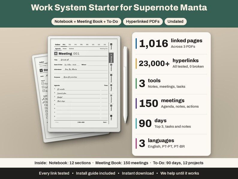 Puede incluir: Un conjunto de planificador digital titulado Work System Starter for Supernote Manta, con dos pantallas de tableta que muestran plantillas de reuniones y tareas, un l&aacute;piz &oacute;ptico y una tarjeta informativa blanca con 1.016 p&aacute;ginas vinculadas.