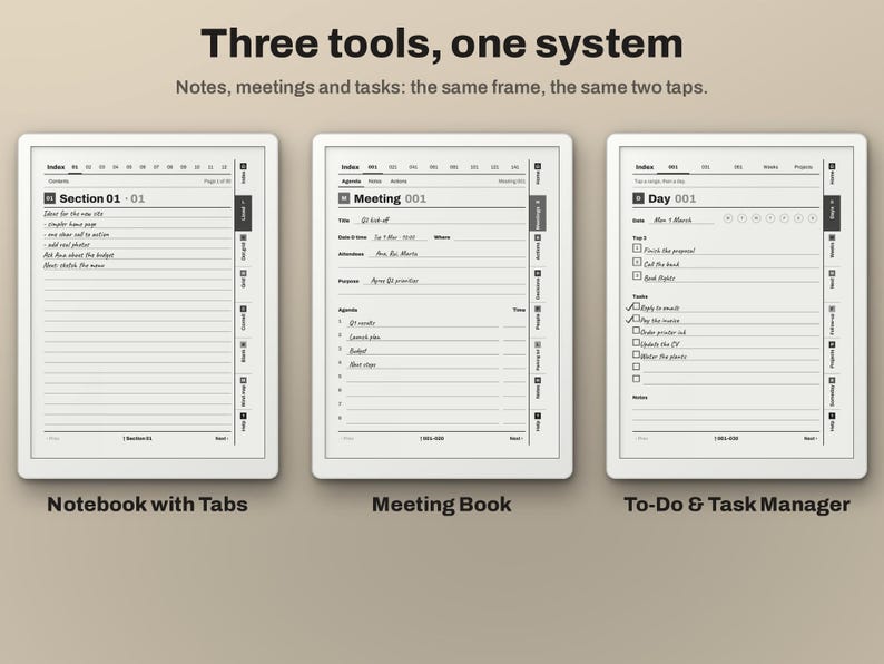 May include: Three digital tablet screens displaying a productivity system with the text Three tools, one system and Notes, meetings and tasks: the same frame, the same two taps. The screens show a Notebook with Tabs, a Meeting Book, and a To-Do & Task Manager.