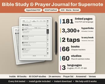 Può includere: Un diario digitale di studio biblico e preghiera per dispositivi Supernote, con PDF ipertestuale e metodo SOAP. Lo schermo mostra una pagina di studio, uno stilo nero e un elenco di 181 pagine collegate, 3.300+ collegamenti, 66 libri, 60 studi e 3 lingue.