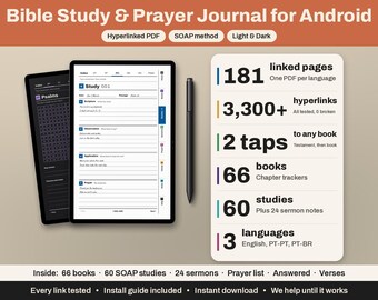 Può includere: Un diario digitale di studio biblico e preghiera per Android con PDF ipertestuale in modalità chiara e scura. L'interfaccia mostra 181 pagine collegate, oltre 3.300 collegamenti ipertestuali, 66 libri, 60 studi e 24 appunti di sermoni in tre lingue.