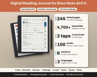 Boox Note Air5 C Lesetagebuch | Hyperlinked Book Tracker, 100 Bücher | Rezensionen