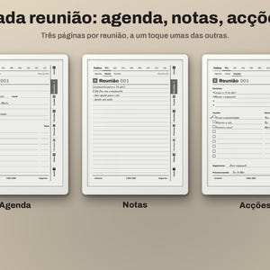 May include: A digital meeting planner template featuring three distinct pages labelled Agenda, Notas, and Ac&ccedil;&otilde;es. Each page includes structured fields for meeting details, lined sections for notes, and a checklist for action items with side navigation tabs.