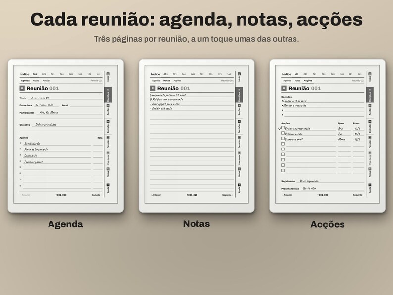 May include: A digital meeting planner template featuring three distinct pages labelled Agenda, Notas, and Ac&ccedil;&otilde;es. Each page includes structured fields for meeting details, lined sections for notes, and a checklist for action items with side navigation tabs.