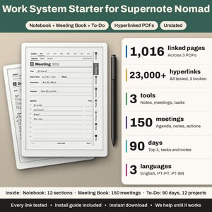 Könnte beinhalten: Ein digitales Planungssystem für Supernote Nomad mit zwei weißen Tablets, die Meeting- und Aufgaben-Vorlagen anzeigen, einem schwarzen Eingabestift und einer weißen Infokarte mit 1.016 verlinkten Seiten, 23.000+ Hyperlinks, 3 Tools, 150 Meetings, 90 Tagen und 3 Sprachen.