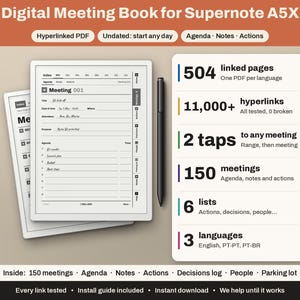 Könnte beinhalten: Ein digitales Meeting-Buch für Supernote A5X mit verlinktem PDF, 504 Seiten, über 11.000 Hyperlinks und 150 Meetings. Das Layout enthält Index, Agenda, Notizen und Aktionsbereiche, ergänzt durch einen schwarzen Eingabestift.