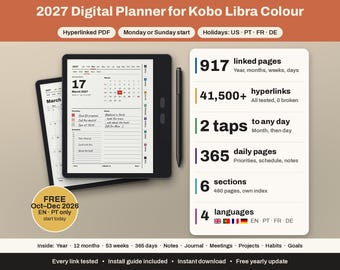 Può includere: Un'agenda digitale 2027 per Kobo Libra Colour con PDF ipertestuale e opzione di inizio lunedì o domenica. Il display mostra il calendario del 17 marzo 2027 con uno stilo. Un elenco indica 917 pagine collegate, 41.500+ collegamenti ipertestuali, 365 pagine giornaliere, 6 sezioni e 4 lingue.