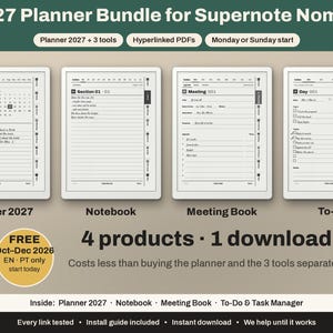 Puede incluir: Un paquete de planificadores digitales 2027 para Supernote Nomad con cuatro productos PDF hipervinculados: agenda diaria, cuaderno, libro de reuniones y lista de tareas. Incluye un planificador gratuito de octubre a diciembre de 2026.