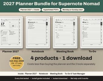 Può includere: Un pacchetto di agende digitali 2027 per Supernote Nomad con quattro prodotti PDF ipertestuali: un'agenda giornaliera, un taccuino, un libro per riunioni e una lista di cose da fare. Include un'agenda gratuita da ottobre a dicembre 2026.