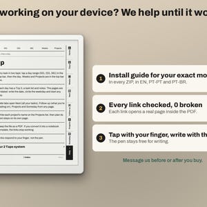 May include: A digital planner interface on a tablet screen with a help page, index, and numbered instructions. Text includes Not working on your device? We help until it works, Install guide for your exact model, Every link checked, 0 broken, and Tap with your finger, write with the pen.