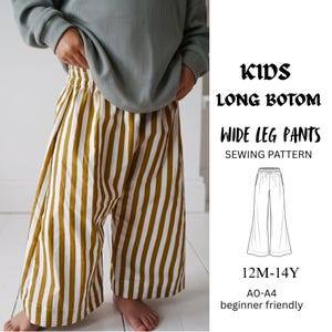 May include: Kids long bottom wide leg pants sewing pattern with mustard yellow and white vertical stripes. The text reads: KIDS LONG BOTOM WIDE LEG PANTS SEWING PATTERN 12M-14Y AO-A4 beginner friendly. Includes a line drawing of the pants.