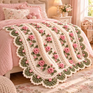 May include: A cream-colored crochet blanket featuring vertical rows of three-dimensional pink roses and green leaves. The blanket has a scalloped border with green fan-shaped details and small pink rosebuds along the edges of the fabric.