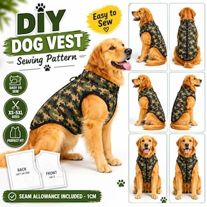 May include: A DIY dog vest sewing pattern featuring a camouflage print. The vest has a front zipper, a high collar, and a D-ring attachment. Includes paper pattern pieces labeled back and front, with text stating Easy to Sew, XS-5XL Sizes, and Seam Allowance Included - 1cm.