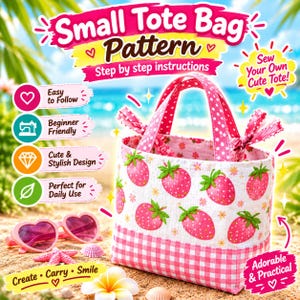 May include: A small tote bag sewing pattern featuring a white fabric with a pink strawberry print and a pink and white checkered base. The bag has two pink polka dot handles. Text includes Small Tote Bag Pattern, Step by step instructions.
