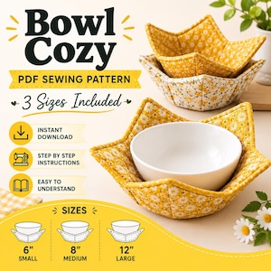 Bowl Cozy Sewing Pattern PDF, Quilted Bowl Holder Pattern, Fabric Bowl Cozy, 3 Sizes, A0 A4 US Letter Printable Sewing Pattern, DIY