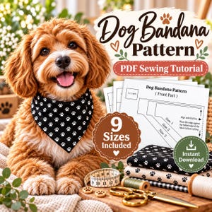 Dog Bandana Sewing Pattern PDF, Scrunchie Elastic Neck, Reversible Slip-On Pet Scarf, 9 Sizes, Printable Templates Illustrated Sewing Guide
