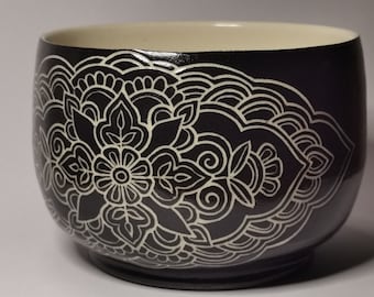 Black Bowl - Hand Carved Sgraffito Stoneware Ceramic Bowl - Henna Inspired Freehand Design