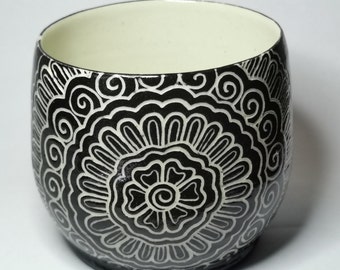 Small Black Bowl - Hand Carved Sgraffito Stoneware Ceramic Bowl - Henna Inspired Freehand Design