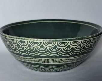 Sea Green Bowl - Hand Carved Sgraffito Stoneware Ceramic Bowl - Henna Inspired Freehand Design