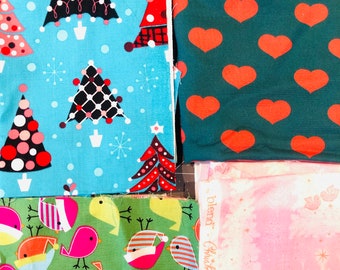 Christmas Fabric Scraps - trees, holly, hearts, birds, puppies, kittens, vintage mixed lot