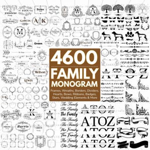 Puede incluir: Una colección digital de 4600 diseños de monogramas familiares en blanco y negro, que incluye marcos, coronas, bordes, divisores, corazones, lazos, cintas, insignias, estrellas y elementos de boda con diversos estilos tipográficos.