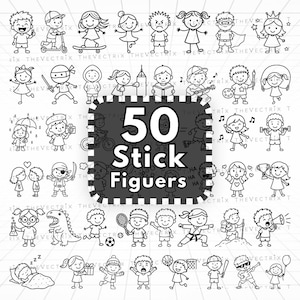 May include: A collection of 50 black and white line art stick figures depicting various activities, hobbies, and expressions. The central dark grey rectangular badge features the white text 50 Stick Figuers, surrounded by diverse characters.