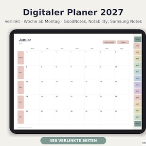 Könnte beinhalten: Ein digitaler Planer für 2027 auf einem Tablet-Bildschirm mit einer Monatsansicht für Januar. Die Benutzeroberfläche enthält Navigations-Tabs auf der rechten Seite, wöchentliche Planungsspalten auf der linken Seite sowie Hinweise für GoodNotes, Notability und Samsung Notes.