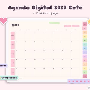 Puede incluir: Una agenda digital para 2027 titulada Agenda Digital 2027 Cute con 165 pegatinas. La interfaz muestra un calendario mensual de enero con pestañas para meses, presupuesto, seguimiento de hábitos y etiquetas de noche y cumpleaños.