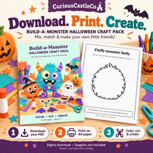 May include: A Build-a-Monster Halloween craft pack digital download featuring a cover page with colourful monster illustrations and a sample activity page titled Fluffy monster body. The pack includes instructions to download, print, and create.