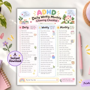 Könnte beinhalten: Eine druckbare ADHD-Reinigungscheckliste für täglich, wöchentlich und monatlich mit farbenfrohen Überschriften und Symbolen. Das Dokument enthält Spalten für Aufgaben, eine Datumszeile und einen Bereich für kleine Schritte sowie ein Download-Symbol.