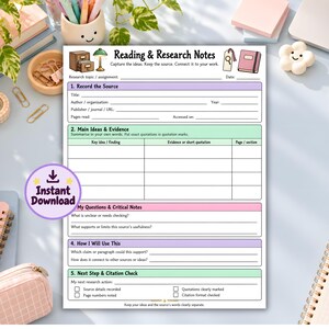 May include: A white paper research notes template featuring five sections titled Reading & Research Notes, Record the Source, Main Ideas & Evidence, My Questions & Critical Notes, How I Will Use This, and Next Step & Citation Check with a purple Instant Download icon.