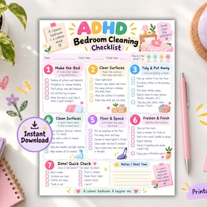 May include: A colorful ADHD bedroom cleaning checklist printed on paper, featuring seven numbered steps with checkboxes, task descriptions, and illustrations. The document includes text headers, mood tracking icons, and a notes section at the bottom.