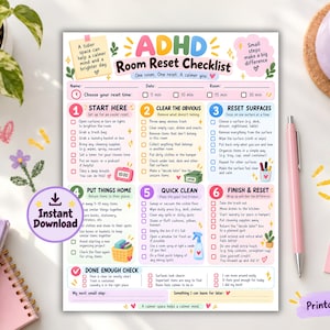 May include: A colorful ADHD Room Reset Checklist printable document featuring six numbered steps for organizing a space. The page includes sections for name, date, room, and time, with illustrated icons, checkboxes, and motivational text.